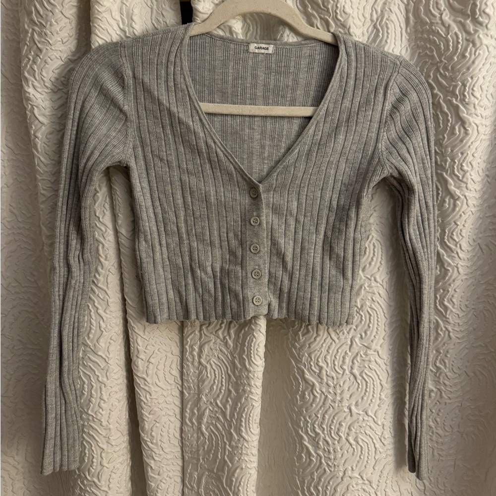 Garage Light Gray Ribbed Button-Up Cardigan